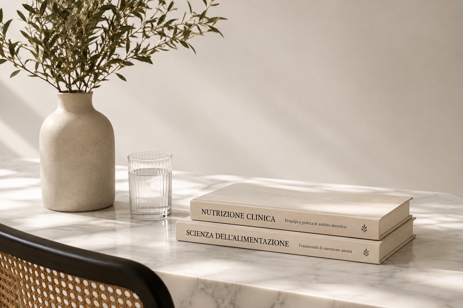 Libri di nutrizione su un tavolo accanto a un vaso e a un bicchiere d'acqua
