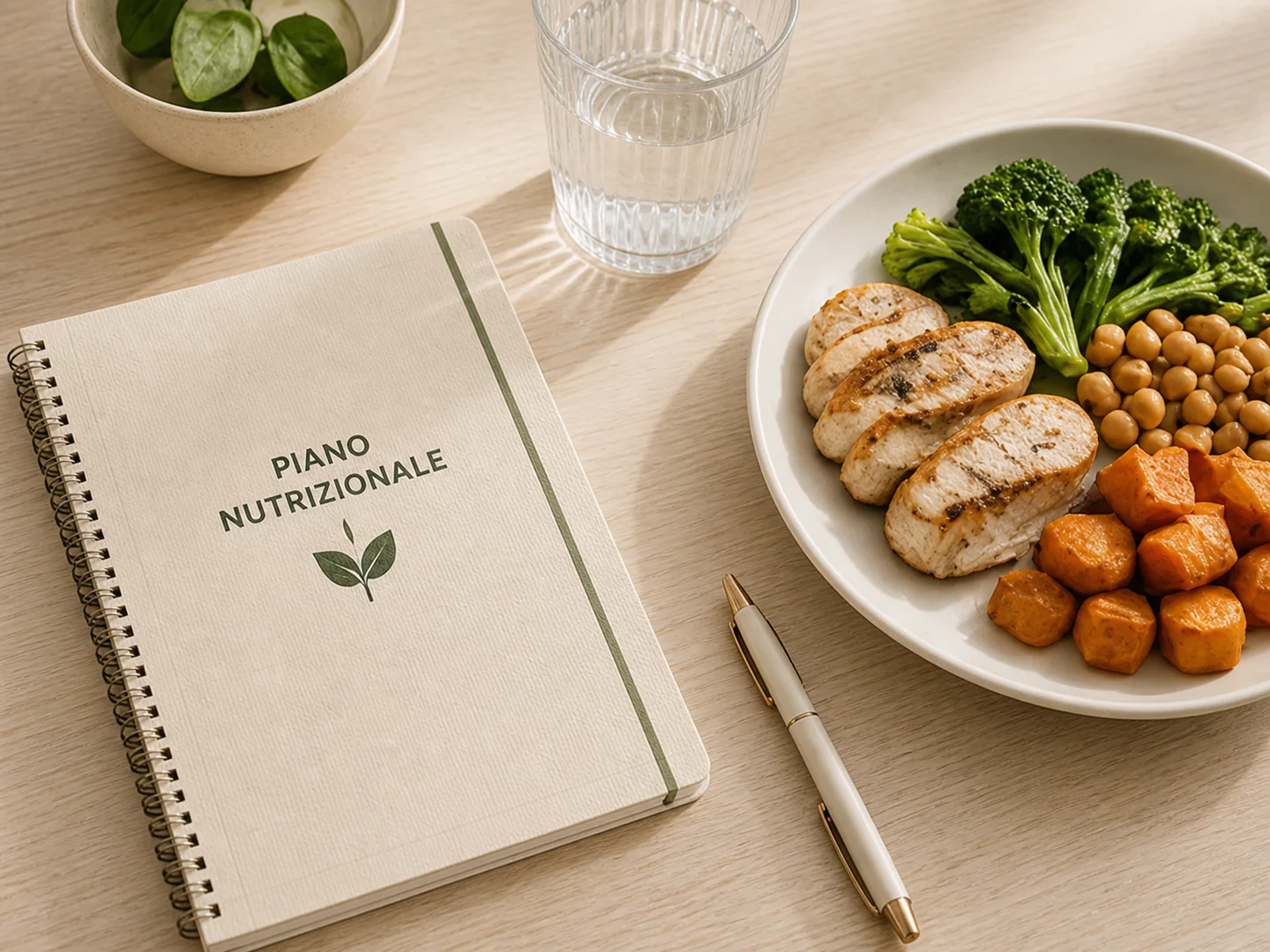 Piano nutrizionale personalizzato accanto a un pasto completo